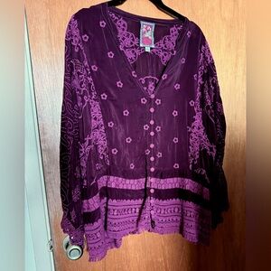 Johnny Was Burgundy Purple Rayon Button Up Blouse XL